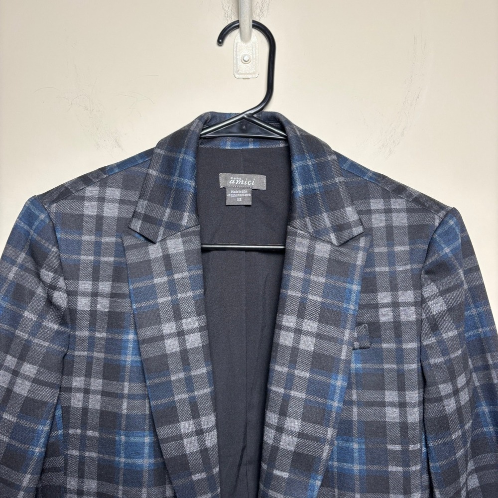 Pure Amici Navy Blue Plaid Single Breasted Notch Tailored Blazer Jacket Women XS - Picture 2 of 8